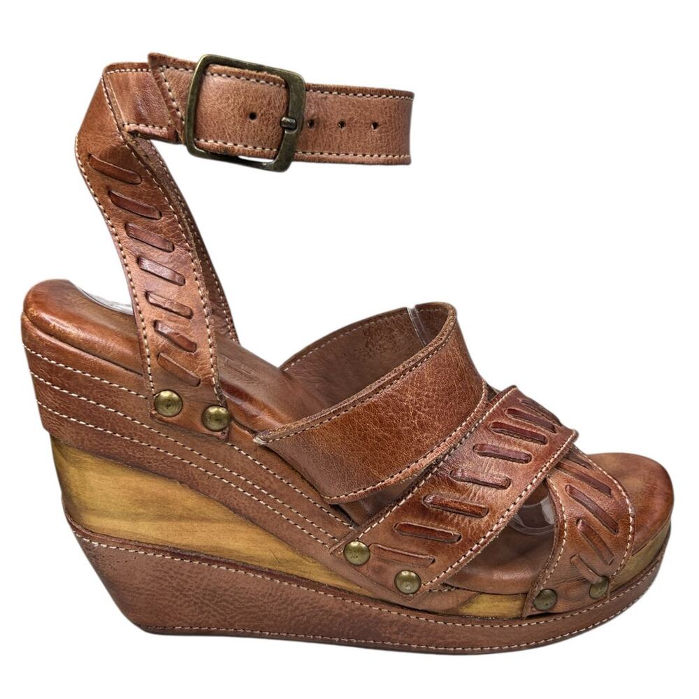 Bed Stu Brown Leather Ankle Strap Wedge Sandals